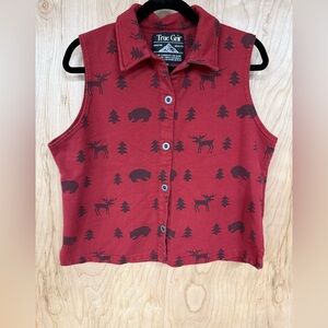 True Grit Red and Black Button Down vest with Woodland Print cotton made USA